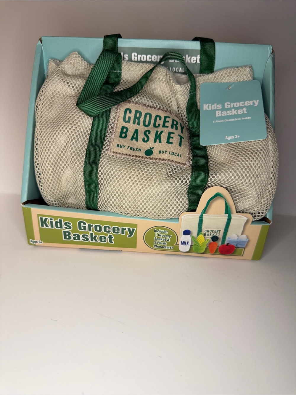 Kids Grocery Basket Play Set - Cream with Green Handles